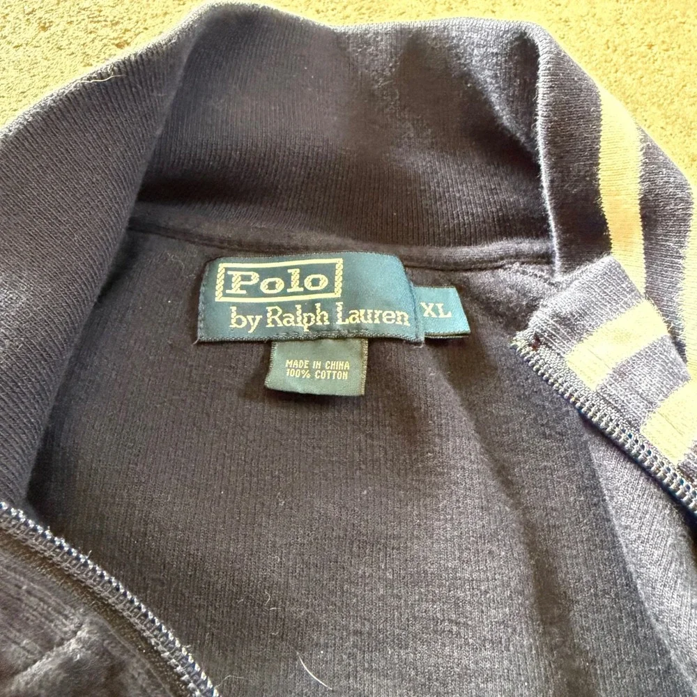 VTG Polo Ralph Lauren Track Jacket Men XL Navy Blue White Stripe Full Zip Cotton